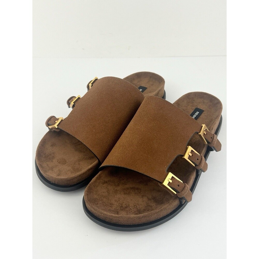 Reiss Lauren Tan Brown Suede Triple Buckle Slide Sandals Quiet Luxury NIB US 9.5